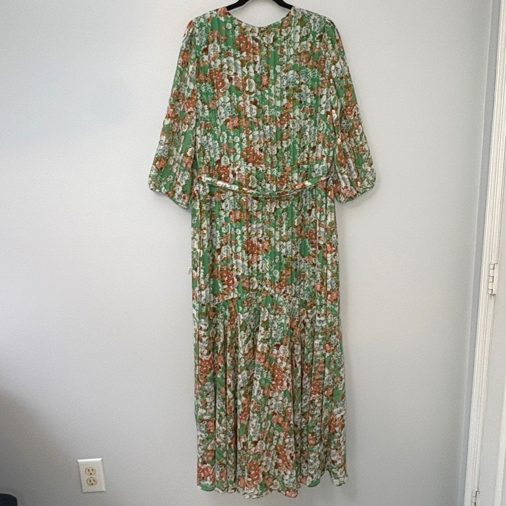 Maison Tara Green Floral Pleated Maxi‎ Dress V-Neck 3/4 Puff Sleeve Belted - Picture 4 of 12